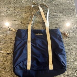 Lilly Pulitzer Navy Large Tote Shoulder Bag Side Zippers Gold Straps Tassels